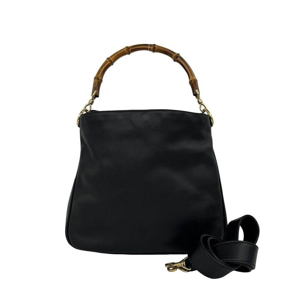 GUCCI Vintage Bamboo Leather 2-Way Handbag/Shoulder Bag, Black, Item No. 31980